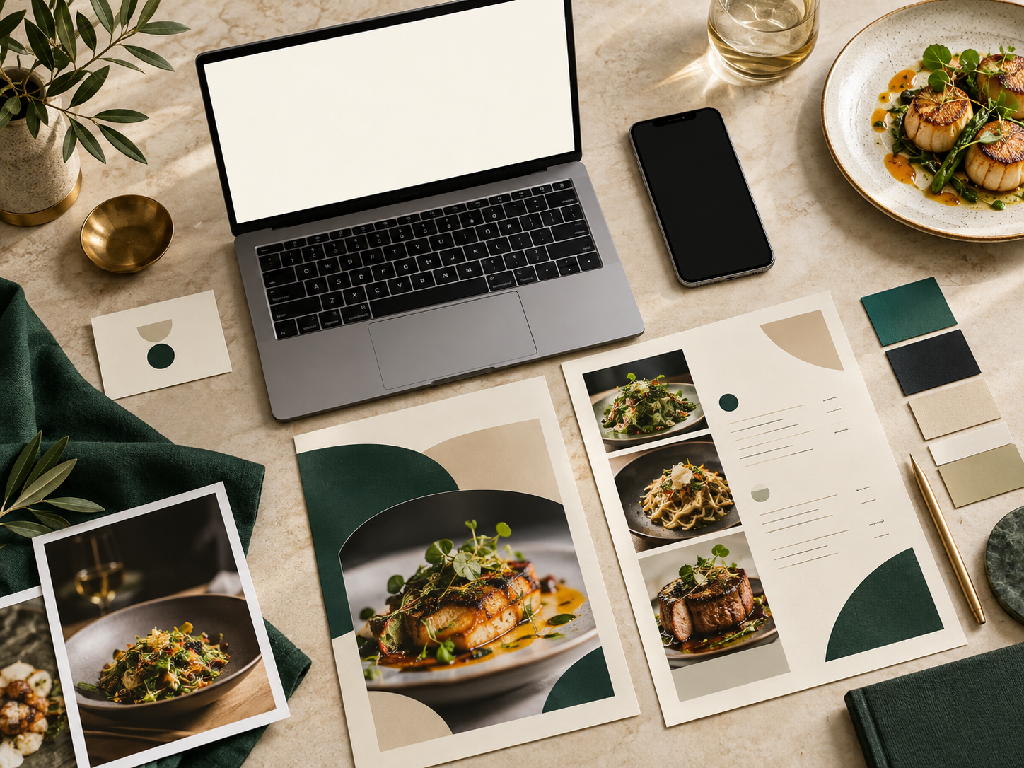 Flat-lay of printed menus, laptop, and phone showing food photography and brand materials