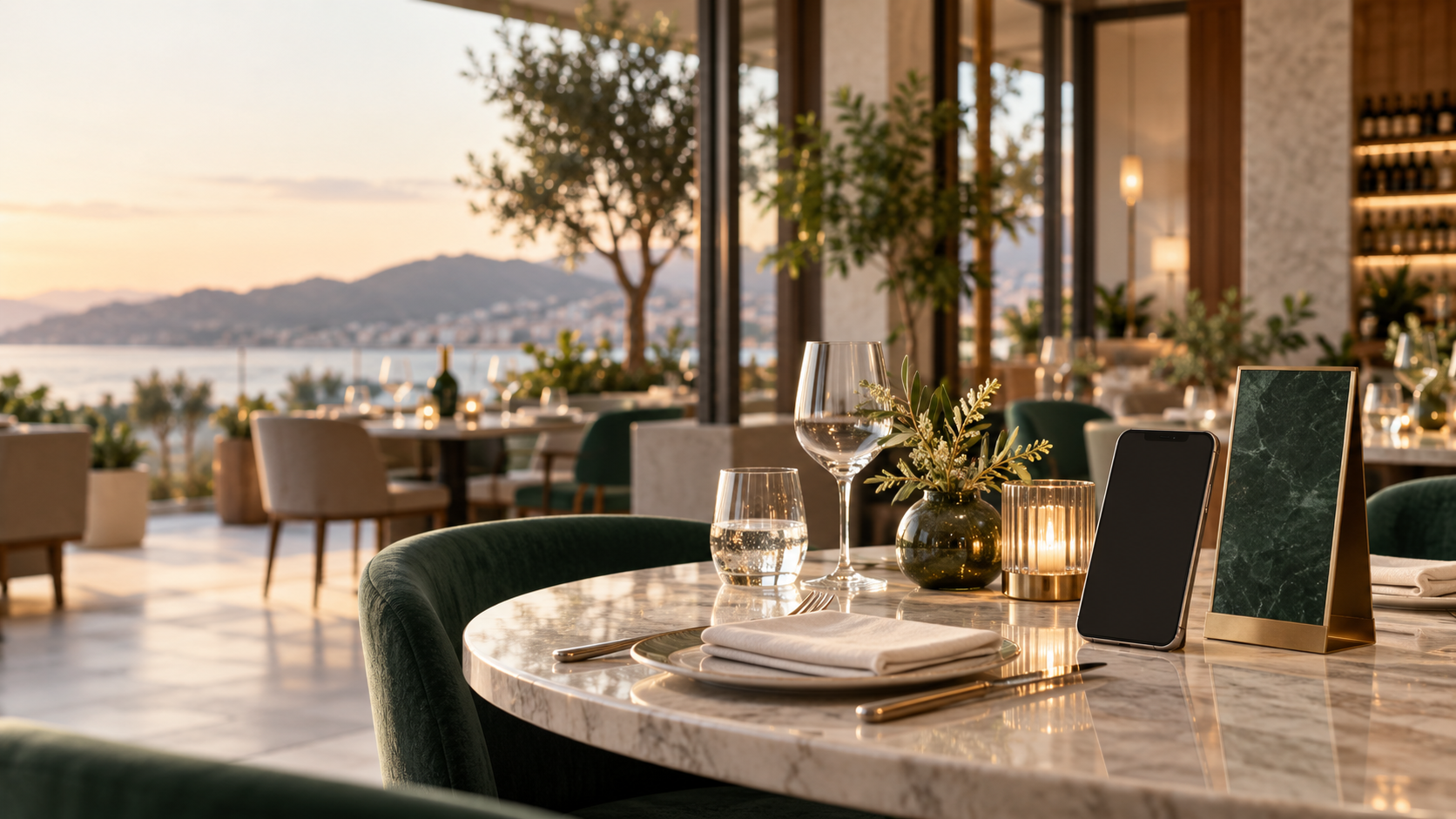Candlelit restaurant table with a phone and brass QR stand overlooking a coastal terrace at sunset