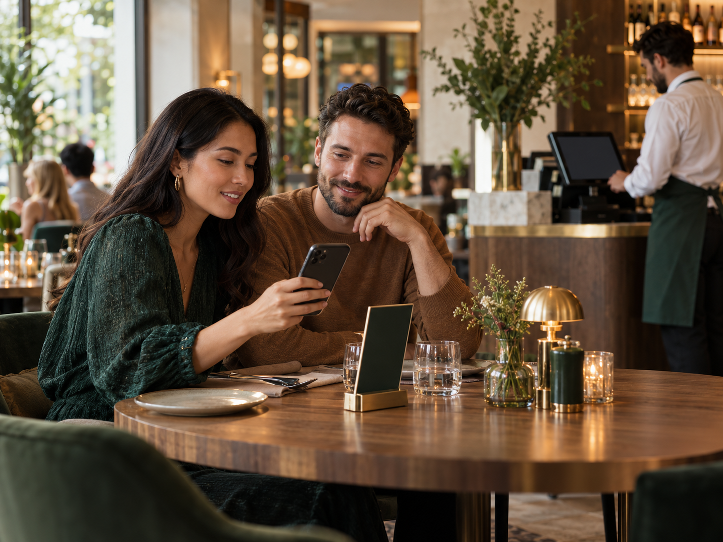 Guests at a restaurant table reviewing a digital menu on a phone beside a brass table stand